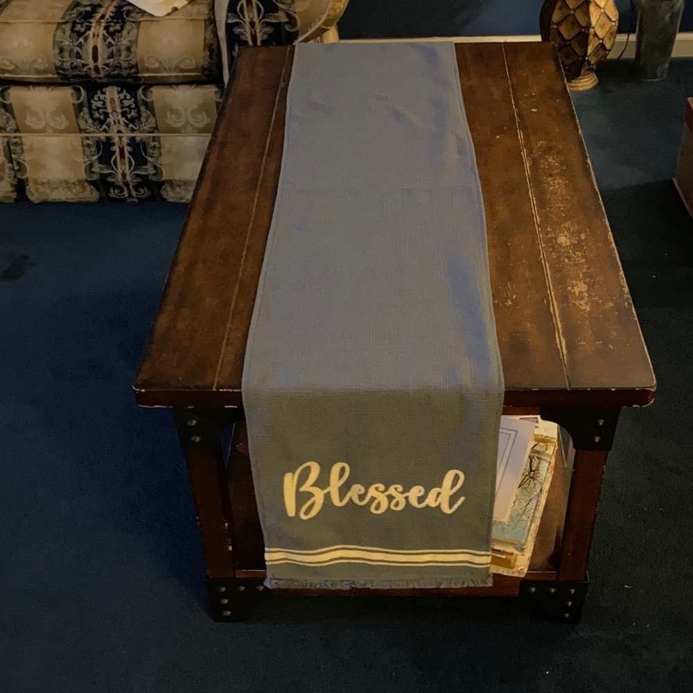 Blue Table Runner Farmer House Decor  with Fringe 13” X 72” Measured